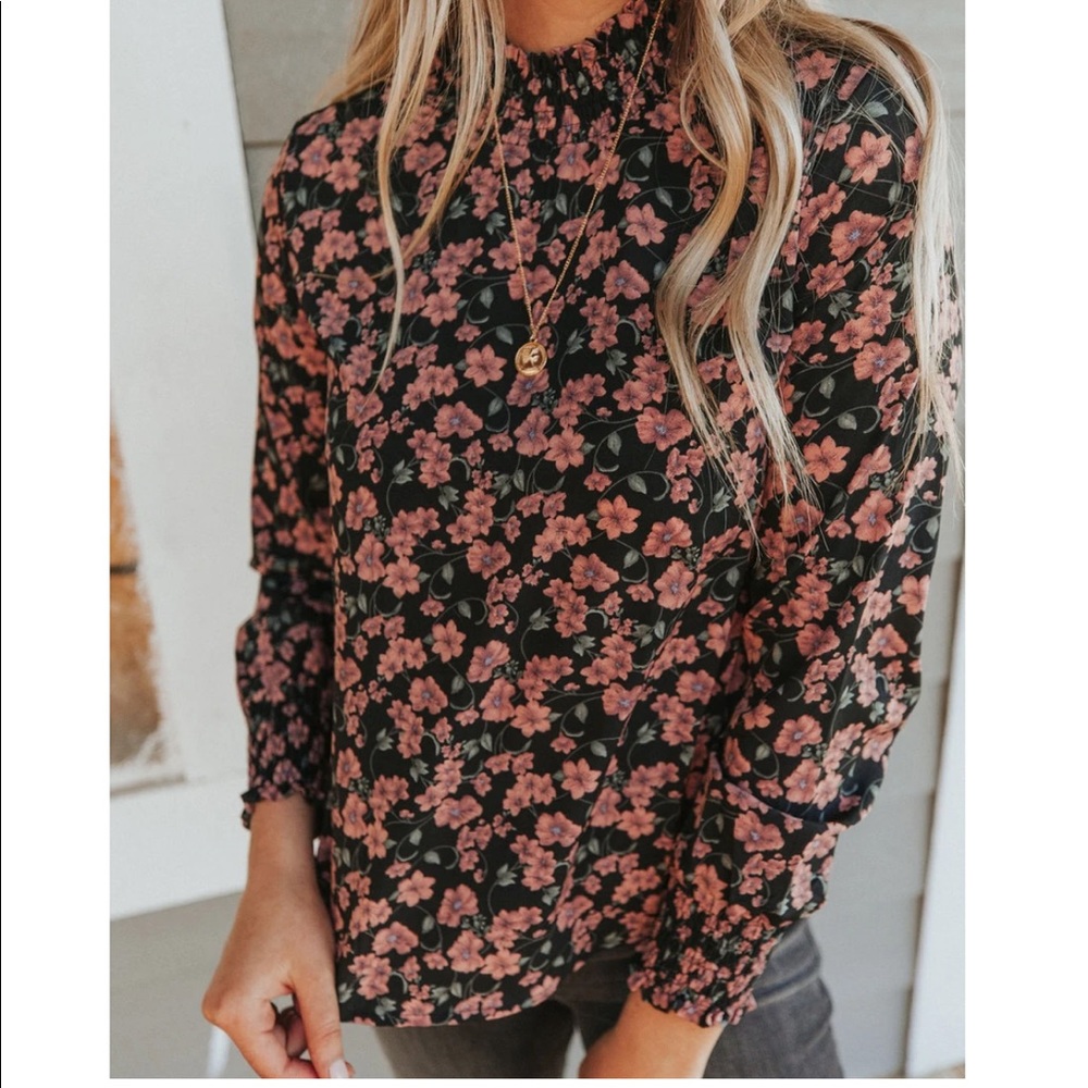 Smocked neck floral long sleeve top - Picture 8 of 15